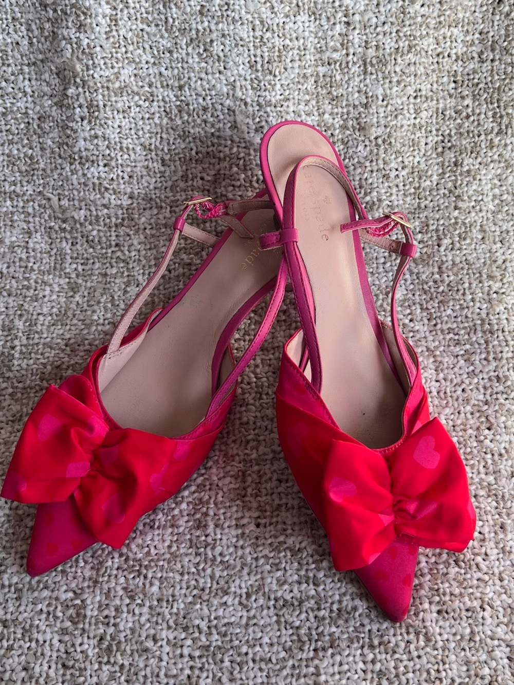 Size 8 Kate Spade New York Heart Print Bow Slingback Kitten Heels - Pink & Red
